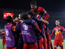 Andorra players celebrate after Albert Rosas scores their first goal on June 19, 2023