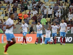 Bahia's Vinicius Mingotti celebrates scoring their first goal with teammates on June 24, 2023