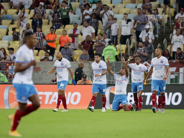 Bahia's Vinicius Mingotti celebrates scoring their first goal with teammates on June 24, 2023