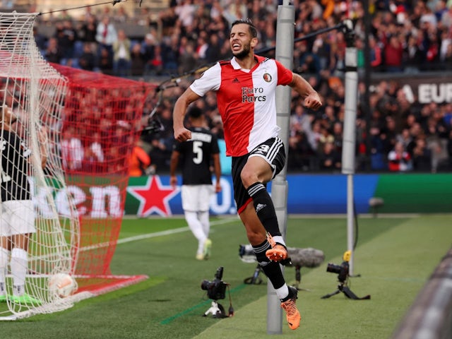 Feyenoord's David Hancko celebrates scoring their second goal on September 15, 2022