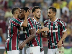 Fluminense's Samuel Xavier celebrates with teammates after the match on June 24, 2023
