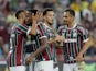 Fluminense's Samuel Xavier celebrates with teammates after the match on June 24, 2023