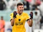 Empoli's Guglielmo Vicario celebrates after the match on August 28, 2021
