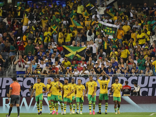 Jamaica celebrate after a goal scored by defender Damion Lowe (17) on June 24, 2023