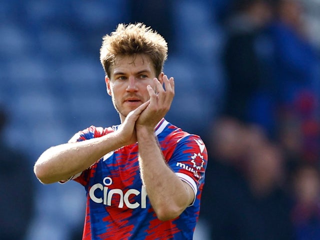 Crystal Palace's Joachim Andersen applauds fans after the match on April 22, 2023