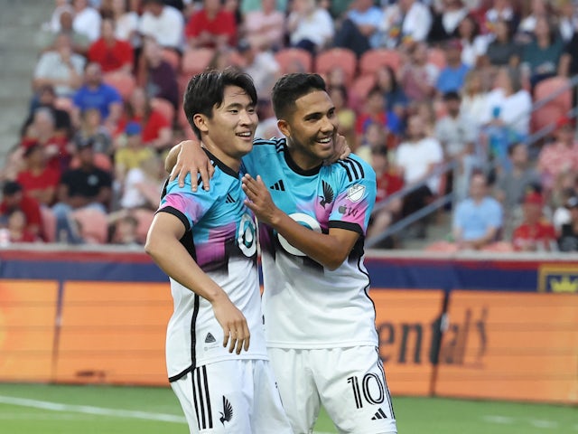 Minnesota United FC forward Jeong Sang-Bin (left) celebrates on June 24, 2023