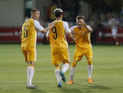 Moldova's Ion Nicolaescu celebrates scoring their first goal with Veaceslav Posmac and Oleg Reabciuk on June 20, 2023