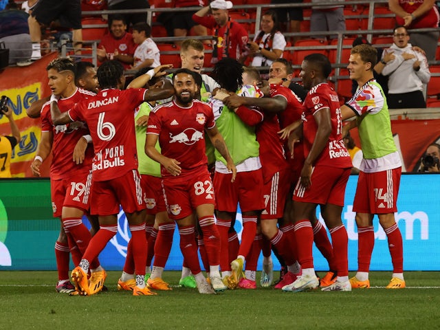 New York Red Bulls forward Cameron Harper (17) celebrates his goal with teammates on June 21, 2023