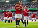 Norway's Ola Solbakken celebrates scoring their first goal with Alexander Sorloth on June 20, 2023