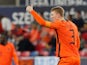 Netherlands' Under-21s Perr Schuurs celebrates scoring their first goal on June 3, 2021