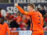 Netherlands' Under-21s Perr Schuurs celebrates scoring their first goal on June 3, 2021