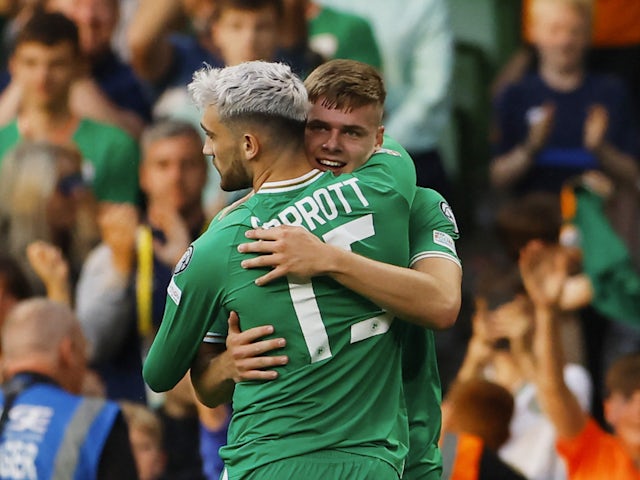 Republic of Ireland's Evan Ferguson celebrates scoring their second goal with Troy Parrott on June 19, 2023
