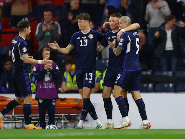 Escocia celebra marcar un gol contra Georgia el 20 de junio de 2023.