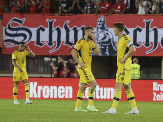 Sweden's Viktor Gyokeres and Jesper Karlstrom react after Austria's Christoph Baumgartner scores their first goal on June 20, 2023