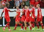 Switzerland's Zeki Amdouni celebrates scoring their first goal with teammates on June 19, 2023