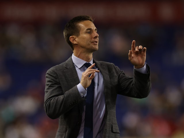 New York Red Bulls head coach Troy Lesesne issues instruction on June 21, 2023