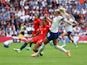 England's Chloe Kelly in action with Portugal's Ana Borges on July 1, 2023