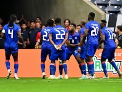 Haiti forward Duckens Nazon (9) celebrates with teammates on June 25, 2023