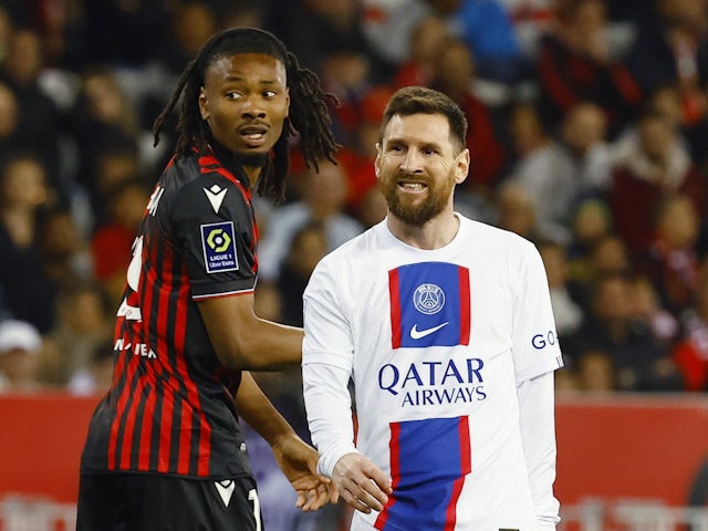  Paris St Germain's Lionel Messi and OGC Nice's Khephren Thuram on April 8, 2023
