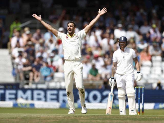 Australia's Mitchell Starc dismisses England's Ben Stokes in third Ashes Test on July 9, 2023.