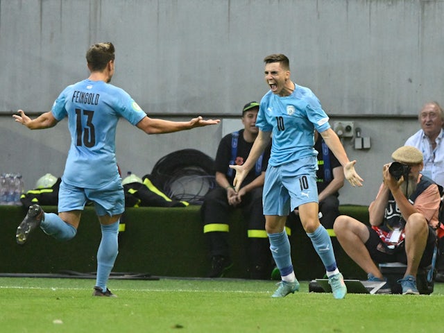Israel's Oscar Gloukh celebrates scoring their first goal with Ilay Feingold on July 1, 2022
