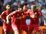 Red Bull Bragantino's Eduardo Sasha celebrates scoring their first goal with teammates on July 2, 2023