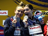 Silver medallists Britain's Andrea Spendolini-Sirieix and Lois Toulson pose with their medals on July 16, 2023