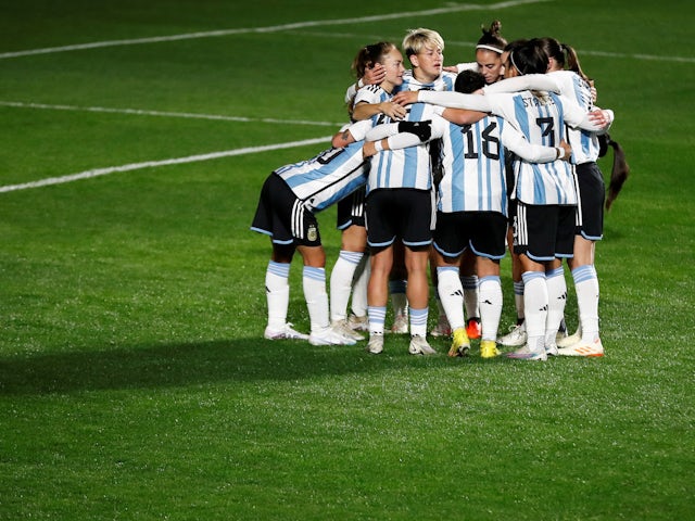 Argentina Women's Yamila Rodriguez and teammates celebrate after their team's second goal on July 14, 2023