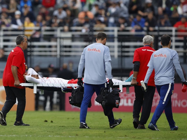 Red Bull Bragantino's Eduardo Santos is carried away in a stretcher after sustaining an injury on July 9, 2023