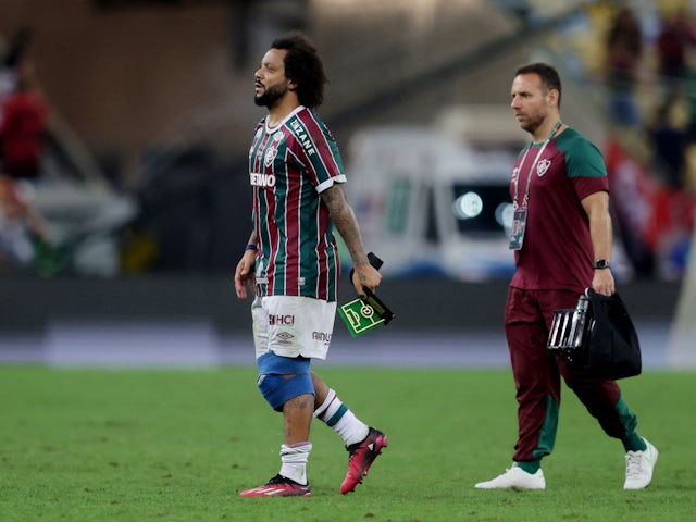 Fluminense's Marcelo leg is strapped up after the match on July 16, 2023