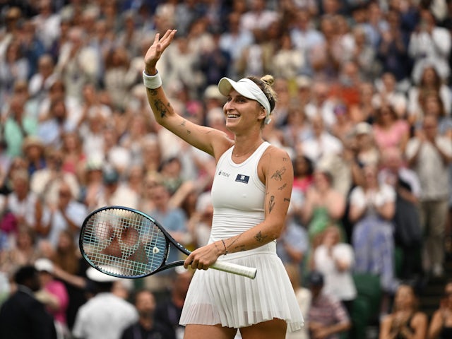 Marketa Vondrousova reacts at Wimbledon on July 13, 2023