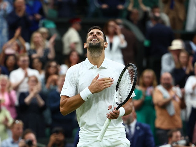 Novak Djokovic reacts at Wimbledon on July 14, 2023