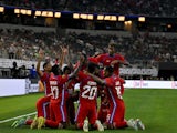 Panama celebrates after forward Ismael Diaz (11) scores his third goal on July 9, 2023