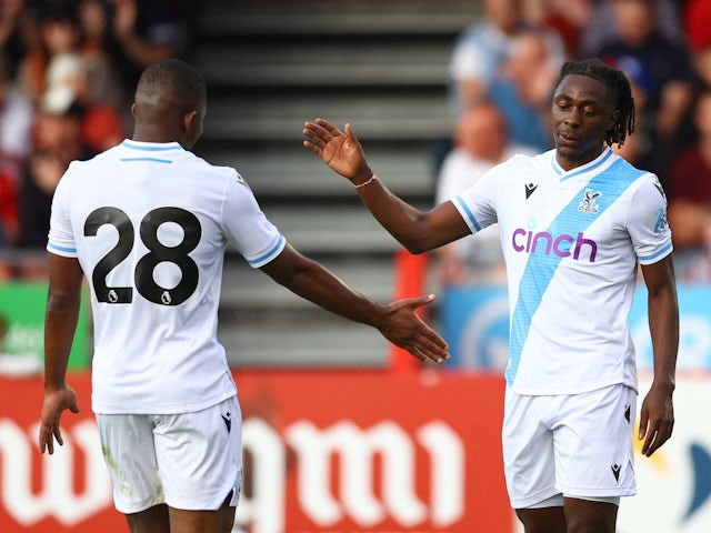 Crystal Palace's Eberechi Eze celebrates scoring their third goal with Cheick Doucoure on July 19, 2023