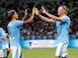 Manchester City's Erling Haaland celebrates scoring their fifth goal with Joao Cancelo on July 23, 2023