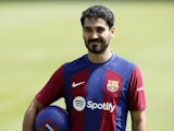 New FC Barcelona player Ilkay Gundogan poses for a picture during the presentation on July 17, 2023