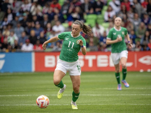 Republic of Ireland Women's midfielder Katie McCabe runs with the ball against the U.S Women's National Team on April 8, 2023