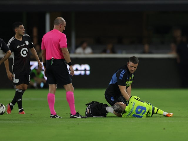 Arsenal's Leandro Trossard goes down injured on July 19, 2023