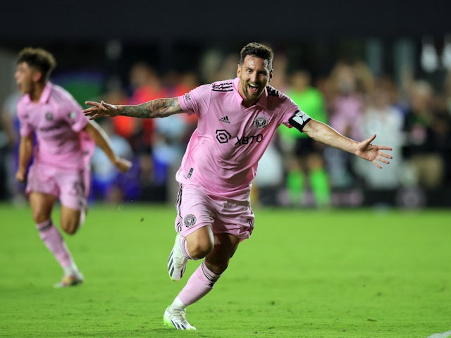 Lionel Messi celebrating scoring a goal for Inter Miami against Cruz Azul on July 22, 2023.