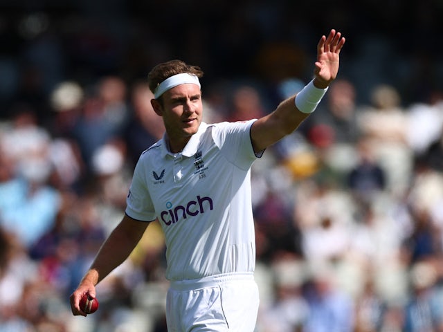 England bowler Stuart Broad celebrates taking his 600th Test wicket on July 19, 2023.