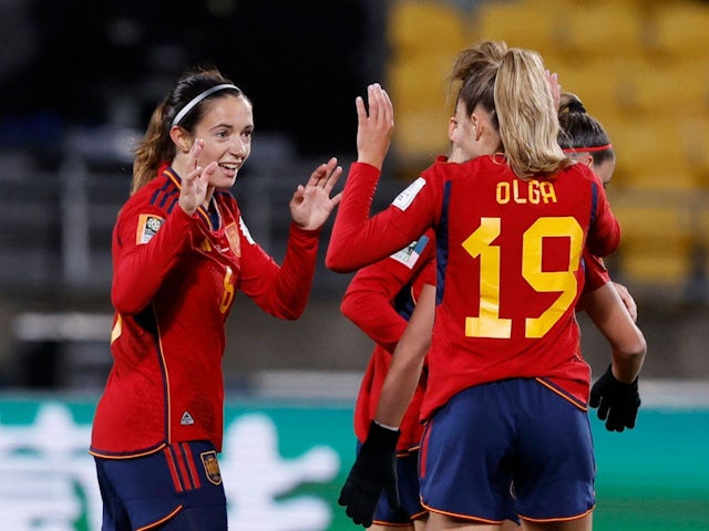 Spain's Aitana Bonmati celebrates scoring their second goal with Olga Carmona on July 21, 2023
