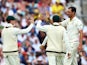 Australia celebrate taking an England wicket during the fifth Ashes Test on July 27, 2023.