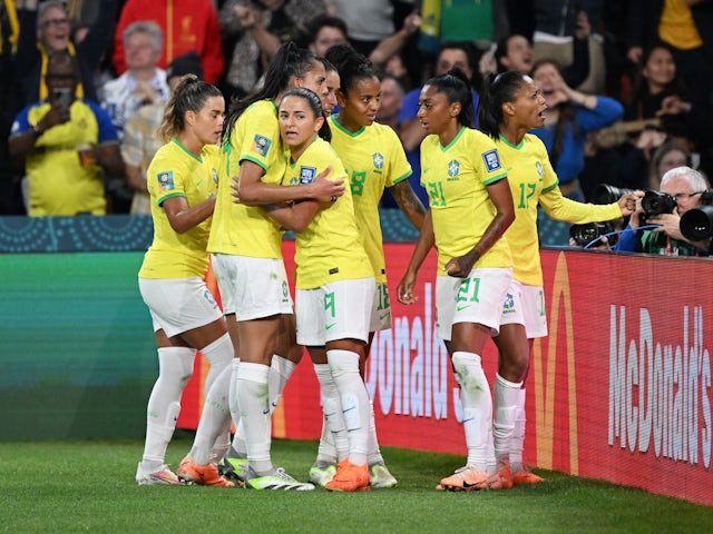 Brazil Women's Debinha celebrates scoring their first goal with teammates on July 29, 2023