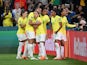 Brazil Women's Debinha celebrates scoring their first goal with teammates on July 29, 2023
