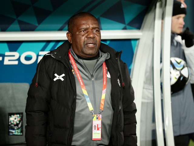 Zambia Women coach Bruce Mwape during the national anthems before the match on July 26, 2023
