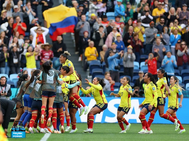 Colombia's Catalina Usme celebrates scoring their first goal with teammates on July 25, 2023