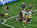 Colombia Women's Manuela Vanegas celebrates scoring their second goal with teammates on July 30, 2023