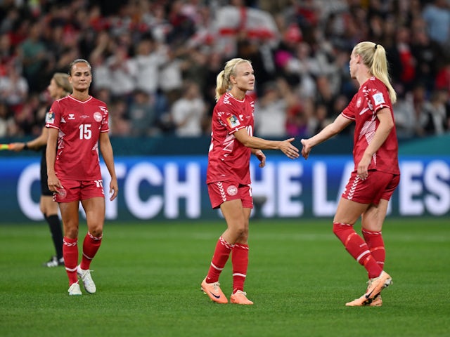 Denmark Women's Pernille Harder shakes hands with a teammates after the match on July 28, 2023