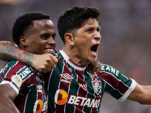 Fluminense's German Cano celebrates scoring their first goal with teammates on July 29, 2023