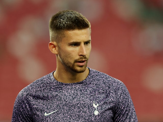Tottenham Hotspur's Guglielmo Vicario during the warm up before the match on July 26, 2023